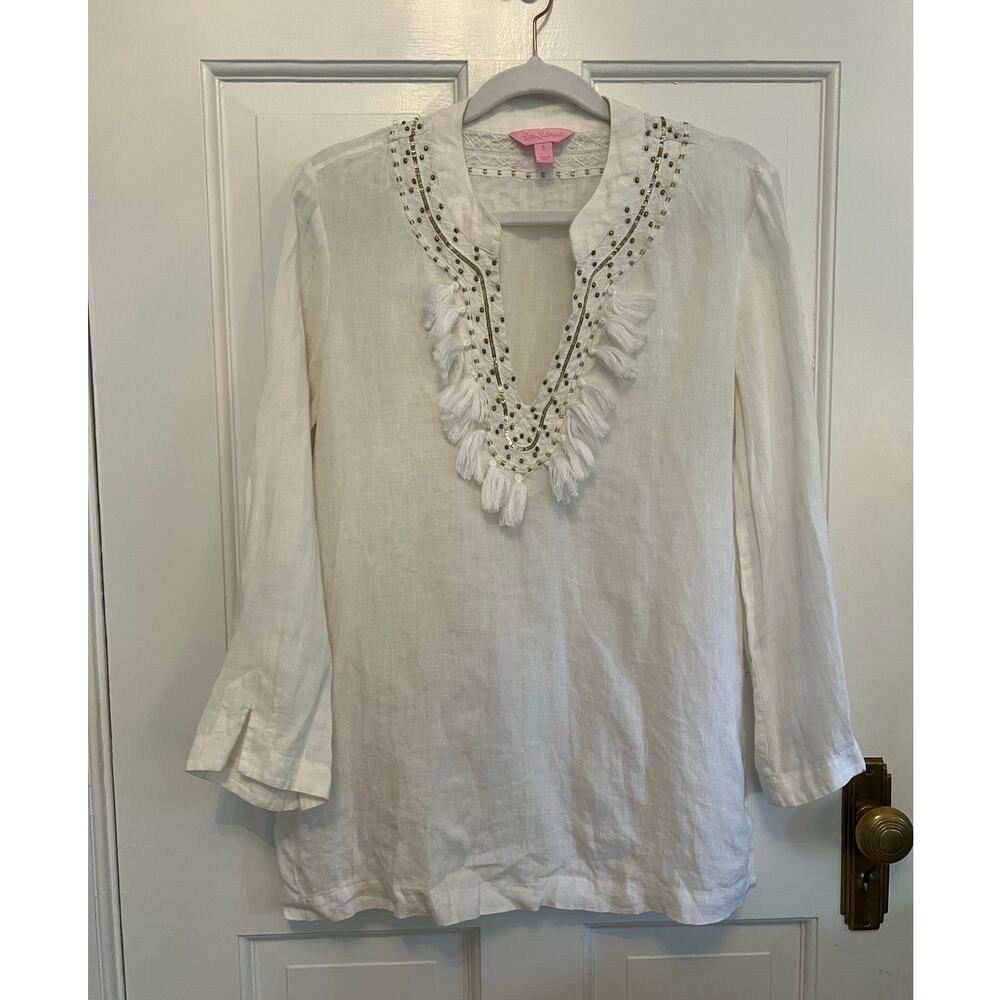Lilly Pulitzer 100% Linen Tunic Top White Beaded Tassel Collar V Neck Women's S